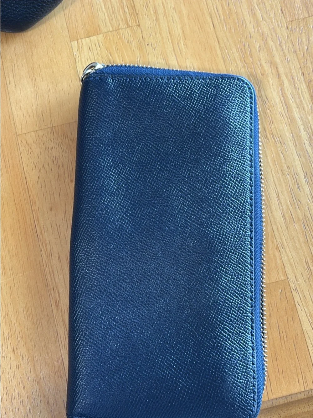 Coach Navy Leather Zip Wallet with Exterior Card Pocket and Gold Hardware